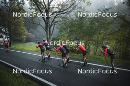 26.09.2022, Lavaze, Italy (ITA): Andreas Nygaard (NOR), Anders Aukland  (NOR), Oskar Kardin  (SWE), Johan Hoel  (NOR), Joar Thele  (NOR), Anniken Gjerde  Alnes  (NOR), (l-r)  - Cross-Country training, Lavaze (ITA). www.nordicfocus.com. © Vanzetta/NordicFocus. Every downloaded picture is fee-liable.