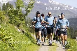 31.05.2022, Davos, Switzerland (SUI): Jonas Baumann (SUI), Francois Faivre, coach team Switzerland, Jason Rueesch (SUI), Roman Schaad (SUI), (l-r) - Cross-Country training, Davos (SUI). www.nordicfocus.com. © Manzoni/NordicFocus. Every downloaded picture is fee-liable.