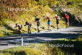 26.09.2022, Lavaze, Italy (ITA): Oskar Kardin  (SWE), Anders Aukland  (NOR), Andreas Nygaard (NOR), Joar Thele  (NOR), Johan Hoel  (NOR), (l-r)  - Cross-Country training, Lavaze (ITA). www.nordicfocus.com. © Vanzetta/NordicFocus. Every downloaded picture is fee-liable.