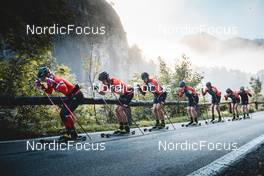 26.09.2022, Lavaze, Italy (ITA): Anniken Gjerde  Alnes  (NOR), Oskar Kardin  (SWE), Andreas Nygaard (NOR), Johan Hoel  (NOR), Anders Aukland  (NOR), Jenny Larsson (NOR), Joar Thele  (NOR), (l-r)  - Cross-Country training, Lavaze (ITA). www.nordicfocus.com. © Vanzetta/NordicFocus. Every downloaded picture is fee-liable.
