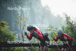 26.09.2022, Lavaze, Italy (ITA): Jenny Larsson (NOR), Joar Thele  (NOR), (l-r)  - Cross-Country training, Lavaze (ITA). www.nordicfocus.com. © Vanzetta/NordicFocus. Every downloaded picture is fee-liable.