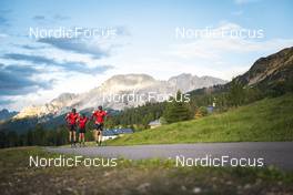 27.09.2022, Lavaze, Italy (ITA): Anders Aukland  (NOR), Oskar Kardin  (SWE), Andreas Nygaard (NOR), (l-r)  - Cross-Country training, Lavaze (ITA). www.nordicfocus.com. © Vanzetta/NordicFocus. Every downloaded picture is fee-liable.