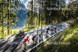 26.09.2022, Lavaze, Italy (ITA): Johan Hoel  (NOR), Joar Thele  (NOR), Andreas Nygaard (NOR), Anders Aukland  (NOR), Oskar Kardin  (SWE), (l-r)  - Cross-Country training, Lavaze (ITA). www.nordicfocus.com. © Vanzetta/NordicFocus. Every downloaded picture is fee-liable.