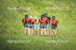 26.09.2022, Lavaze, Italy (ITA): Anders Aukland  (NOR), Joar Thele  (NOR), Johan Hoel  (NOR), Andreas Nygaard (NOR), Oskar Kardin  (SWE), (l-r)  - Cross-Country training, Lavaze (ITA). www.nordicfocus.com. © Vanzetta/NordicFocus. Every downloaded picture is fee-liable.
