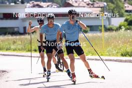 08.07.2022, Lavaze, Italy (ITA): Baumann Jonas (SUI), Schaad Roman (SUI), Fahndrich Cyril (SUI), (l-r)  - Cross-Country training, Lavaze (ITA). www.nordicfocus.com. © Barbieri/NordicFocus. Every downloaded picture is fee-liable.