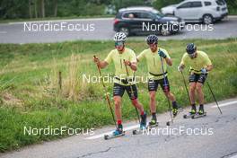 27.06.2022, Tignes, France (FRA): Theo Schely (FRA), Arnaud Chautemps (FRA), Lucas Chanavat (FRA), (l-r) - Cross-Country training, Tignes (FRA). www.nordicfocus.com. ©Authamayou/NordicFocus. Every downloaded picture is fee-liable.