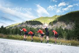 27.09.2022, Lavaze, Italy (ITA): Anders Aukland  (NOR), Andreas Nygaard (NOR), Johan Hoel  (NOR), Joar Thele  (NOR), Oskar Kardin  (SWE), (l-r)  - Cross-Country training, Lavaze (ITA). www.nordicfocus.com. © Vanzetta/NordicFocus. Every downloaded picture is fee-liable.