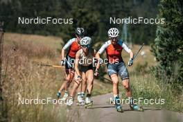 13.07.2022, Lavaze, Italy (ITA): Lea Fischer (SUI), Nadja Kalin (SUI), Nadine Fahndrich (SUI), (l-r)  - Cross-Country training, Lavaze (ITA). www.nordicfocus.com. © Barbieri/NordicFocus. Every downloaded picture is fee-liable.