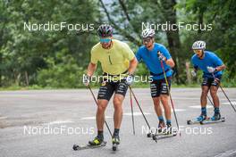 27.06.2022, Tignes, France (FRA): Lucas Chanavat (FRA), Renaud Jay (FRA), Richard Jouve (FRA), (l-r) - Cross-Country training, Tignes (FRA). www.nordicfocus.com. ©Authamayou/NordicFocus. Every downloaded picture is fee-liable.