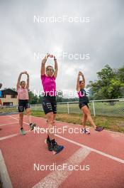 27.06.2022, Tignes, France (FRA): Lena Quintin (FRA), Melissa Gal (FRA), Flora Dolci (FRA), (l-r) - Cross-Country training, Tignes (FRA). www.nordicfocus.com. ©Authamayou/NordicFocus. Every downloaded picture is fee-liable.