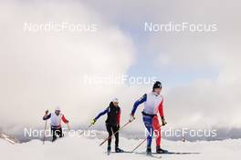 11.10.2022, Ramsau am Dachstein, Austria (AUT): Renaud Jay (FRA), Delphine Claudel (FRA), Theo Schely (FRA), (l-r) - Cross-Country training, Ramsau am Dachstein (AUT). www.nordicfocus.com. © Manzoni/NordicFocus. Every downloaded picture is fee-liable.