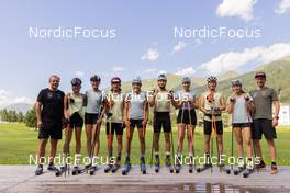 30.06.2022, Davos, Switzerland (SUI): Ivan Hudac (CZE), coach Teanm Switzerland, Giuliana Werro (SUI), Lea Fischer (SUI), Cla-Ursin Nufer (SUI), Alina Meier (SUI), Nicola Wigger (SUI), Desiree Steiner (SUI), Avelino Naepflin (SUI), Nadja Kaelin (SUI), Toni Livers (SUI), coach Team Switzerland, (l-r) - Cross-Country training, Davos (SUI). www.nordicfocus.com. © Manzoni/NordicFocus. Every downloaded picture is fee-liable.