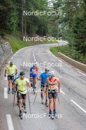 27.06.2022, Tignes, France (FRA): Lucas Chanavat (FRA), Thibaut Chene (FRA), Coach Team France, +jr+, Theo Schely (FRA), (l-r) - Cross-Country training, Tignes (FRA). www.nordicfocus.com. ©Authamayou/NordicFocus. Every downloaded picture is fee-liable.