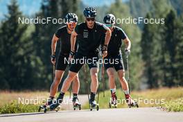 13.07.2022, Lavaze, Italy (ITA): Jason Ruesch (SUI), Jonas Baumann (SUI), Cyril Fahndrich (SUI), (l-r)  - Cross-Country training, Lavaze (ITA). www.nordicfocus.com. © Barbieri/NordicFocus. Every downloaded picture is fee-liable.
