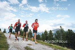 26.09.2022, Lavaze, Italy (ITA): Joar Thele  (NOR), Anders Aukland  (NOR), Johan Hoel  (NOR), Andreas Nygaard (NOR), Oskar Kardin  (SWE), (l-r)  - Cross-Country training, Lavaze (ITA). www.nordicfocus.com. © Vanzetta/NordicFocus. Every downloaded picture is fee-liable.