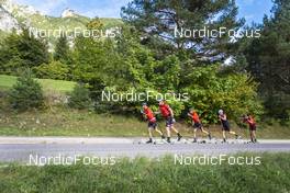 27.09.2022, Lavaze, Italy (ITA): Andreas Nygaard (NOR), Johan Hoel  (NOR), Anders Aukland  (NOR), Joar Thele  (NOR), Oskar Kardin  (SWE), (l-r)  - Cross-Country training, Lavaze (ITA). www.nordicfocus.com. © Vanzetta/NordicFocus. Every downloaded picture is fee-liable.