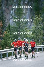 27.09.2022, Lavaze, Italy (ITA): Anders Aukland  (NOR), Andreas Nygaard (NOR), Oskar Kardin  (SWE), Joar Thele  (NOR), Johan Hoel  (NOR), (l-r)  - Cross-Country training, Lavaze (ITA). www.nordicfocus.com. © Vanzetta/NordicFocus. Every downloaded picture is fee-liable.
