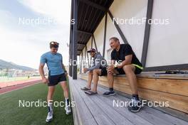 30.06.2022, Davos, Switzerland (SUI): Janik Riebli (SUI), Francois Faivre (FRA), coach Team Switzerland, Ivan Hudac (CZE), (l-r) - Cross-Country training, Davos (SUI). www.nordicfocus.com. © Manzoni/NordicFocus. Every downloaded picture is fee-liable.