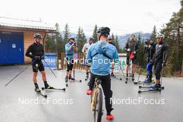 14.10.2022, Ramsau am Dachstein, Austria (AUT): Arnaud Chautemps (FRA), Renaud Jay (FRA), Hugo Lapalus (FRA), Thibaut Chene (FRA), coach Team France, Theo Schely (FRA), Lucas Chanavat (FRA), Jules Chappaz (FRA), Richard Jouve (FRA), (l-r) - Cross-Country training, Ramsau am Dachstein (AUT). www.nordicfocus.com. © Manzoni/NordicFocus. Every downloaded picture is fee-liable.