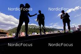 30.06.2022, Davos, Switzerland (SUI): Janik Riebli (SUI), Jason Rueesch (SUI), Lea Fischer (SUI), (l-r) - Cross-Country training, Davos (SUI). www.nordicfocus.com. © Manzoni/NordicFocus. Every downloaded picture is fee-liable.