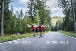 27.09.2022, Lavaze, Italy (ITA): Anders Aukland  (NOR), Joar Thele  (NOR), Oskar Kardin  (SWE), Johan Hoel  (NOR), (l-r)  - Cross-Country training, Lavaze (ITA). www.nordicfocus.com. © Vanzetta/NordicFocus. Every downloaded picture is fee-liable.