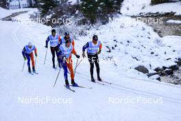 08.11.2022, Davos, Switzerland (SUI): Thibaut Chene (FRA), coach Team France, Jules Chappaz (FRA), Richard Jouve (FRA), Clement Parisse (FRA), Renaud Jay (FRA), (l-r) - Cross-Country training, Snowfarming track, Davos (SUI). www.nordicfocus.com. © Manzoni/NordicFocus. Every downloaded picture is fee-liable.