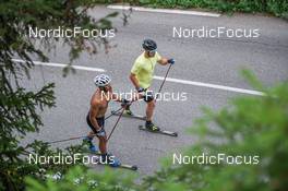 27.06.2022, Tignes, France (FRA): Richard Jouve (FRA), Lucas Chanavat (FRA), (l-r) - Cross-Country training, Tignes (FRA). www.nordicfocus.com. ©Authamayou/NordicFocus. Every downloaded picture is fee-liable.