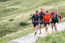 26.09.2022, Lavaze, Italy (ITA): Johan Hoel  (NOR), Andreas Nygaard (NOR), Oskar Kardin  (SWE), Anders Aukland  (NOR), Joar Thele  (NOR), (l-r)  - Cross-Country training, Lavaze (ITA). www.nordicfocus.com. © Vanzetta/NordicFocus. Every downloaded picture is fee-liable.