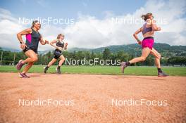 27.06.2022, Tignes, France (FRA): Flora Dolci (FRA), Melissa Gal (FRA), Delphine Claudel (FRA), (l-r) - Cross-Country training, Tignes (FRA). www.nordicfocus.com. ©Authamayou/NordicFocus. Every downloaded picture is fee-liable.