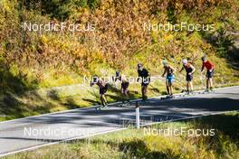 26.09.2022, Lavaze, Italy (ITA): Oskar Kardin  (SWE), Anders Aukland  (NOR), Andreas Nygaard (NOR), Joar Thele  (NOR), Johan Hoel  (NOR), (l-r)  - Cross-Country training, Lavaze (ITA). www.nordicfocus.com. © Vanzetta/NordicFocus. Every downloaded picture is fee-liable.