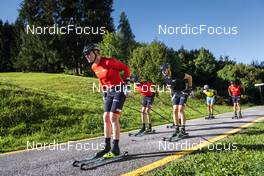 26.09.2022, Lavaze, Italy (ITA): Johan Hoel  (NOR), Anders Aukland  (NOR), Andreas Nygaard (NOR), Oskar Kardin  (SWE), (l-r)  - Cross-Country training, Lavaze (ITA). www.nordicfocus.com. © Vanzetta/NordicFocus. Every downloaded picture is fee-liable.