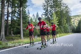 27.09.2022, Lavaze, Italy (ITA): Anders Aukland  (NOR), Oskar Kardin  (SWE), Johan Hoel  (NOR), (l-r)  - Cross-Country training, Lavaze (ITA). www.nordicfocus.com. © Vanzetta/NordicFocus. Every downloaded picture is fee-liable.