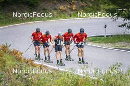 27.09.2022, Lavaze, Italy (ITA): Johan Hoel  (NOR), Anders Aukland  (NOR), Joar Thele  (NOR), Oskar Kardin  (SWE), Andreas Nygaard (NOR), (l-r)  - Cross-Country training, Lavaze (ITA). www.nordicfocus.com. © Vanzetta/NordicFocus. Every downloaded picture is fee-liable.