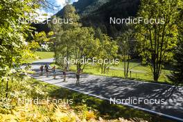 26.09.2022, Lavaze, Italy (ITA): Joar Thele  (NOR), Andreas Nygaard (NOR), Anders Aukland  (NOR), Oskar Kardin  (SWE), (l-r)  - Cross-Country training, Lavaze (ITA). www.nordicfocus.com. © Vanzetta/NordicFocus. Every downloaded picture is fee-liable.