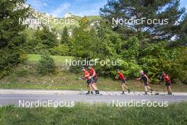 27.09.2022, Lavaze, Italy (ITA): Andreas Nygaard (NOR), Johan Hoel  (NOR), Anders Aukland  (NOR), Joar Thele  (NOR), Oskar Kardin  (SWE), (l-r)  - Cross-Country training, Lavaze (ITA). www.nordicfocus.com. © Vanzetta/NordicFocus. Every downloaded picture is fee-liable.