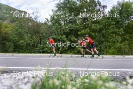27.09.2022, Lavaze, Italy (ITA): Anders Aukland  (NOR), Oskar Kardin  (SWE), Johan Hoel  (NOR), (l-r)  - Cross-Country training, Lavaze (ITA). www.nordicfocus.com. © Vanzetta/NordicFocus. Every downloaded picture is fee-liable.