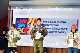 02.04.2022, Oberwiesenthal, Germany (GER): 2nd place, Ruben Kretzschmar (GER), 1st place, Max Goethe (GER), 3rd place, Kilian Koller(GER), (l-r) - German Championships cross-country, mass, Oberwiesenthal (GER). www.nordicfocus.com. © Reichert/NordicFocus. Every downloaded picture is fee-liable.