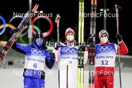 08.02.2022, Beijing, China (CHN): Federico Pellegrino (ITA), Johannes Hoesflot Klaebo (NOR), Alexander Terentev (ROC), (l-r)  - XXIV. Olympic Winter Games Beijing 2022, cross-country, individual sprint, Beijing (CHN). www.nordicfocus.com. © Modica/NordicFocus. Every downloaded picture is fee-liable.