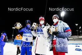 08.02.2022, Beijing, China (CHN): Federico Pellegrino (ITA), Johannes Hoesflot Klaebo (NOR), Alexander Terentev (ROC), (l-r)  - XXIV. Olympic Winter Games Beijing 2022, cross-country, individual sprint, Beijing (CHN). www.nordicfocus.com. © Modica/NordicFocus. Every downloaded picture is fee-liable.