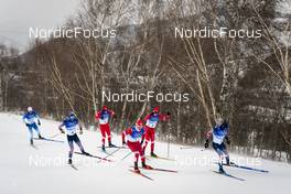 19.02.2022, Beijing, China (CHN): Sjur Roethe (NOR), Alexander Bolshunov (ROC), Ivan Yakimushkin (ROC), Simen Hegstad Krueger (NOR), Artem Maltsev (ROC), Clement Parisse (FRA), (l-r)  - XXIV. Olympic Winter Games Beijing 2022, cross-country, mass men, Beijing (CHN). www.nordicfocus.com. © Thibaut/NordicFocus. Every downloaded picture is fee-liable.
