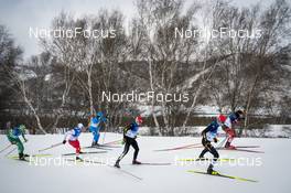 19.02.2022, Beijing, China (CHN): Friedrich Moch (GER), Olivier Leveille (CAN), Lucas Boegl (GER), (l-r)  - XXIV. Olympic Winter Games Beijing 2022, cross-country, mass men, Beijing (CHN). www.nordicfocus.com. © Thibaut/NordicFocus. Every downloaded picture is fee-liable.
