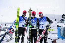 19.02.2022, Beijing, China (CHN): Florian Notz (GER), Lucas Boegl (GER), Jonas Dobler (GER), (l-r)  - XXIV. Olympic Winter Games Beijing 2022, cross-country, mass men, Beijing (CHN). www.nordicfocus.com. © Modica/NordicFocus. Every downloaded picture is fee-liable.