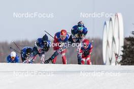 19.02.2022, Beijing, China (CHN): Alexander Bolshunov (ROC), Ivan Yakimushkin (ROC), Simen Hegstad Krueger (NOR), Sjur Roethe (NOR), (l-r)  - XXIV. Olympic Winter Games Beijing 2022, cross-country, mass men, Beijing (CHN). www.nordicfocus.com. © Modica/NordicFocus. Every downloaded picture is fee-liable.