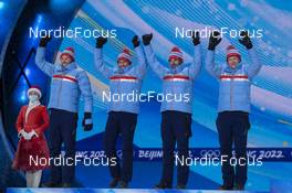 13.02.2022, Beijing, China (CHN): Emil Iversen (NOR), Paal Golberg (NOR), Hans Christer Holund (NOR), Johannes Hoesflot Klaebo (NOR), (l-r) - XXIV. Olympic Winter Games Beijing 2022, cross-country, medals, Beijing (CHN). www.nordicfocus.com. © Thibaut/NordicFocus. Every downloaded picture is fee-liable.