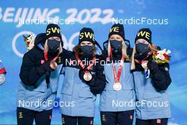 12.02.2022, Beijing, China (CHN): Maja Dahlqvist (SWE), Ebba Andersson (SWE), Frida Karlsson (SWE), Jonna Sundling (SWE), (l-r)  - XXIV. Olympic Winter Games Beijing 2022, cross-country, medals, Beijing (CHN). www.nordicfocus.com. © Modica/NordicFocus. Every downloaded picture is fee-liable.