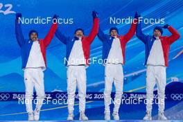 13.02.2022, Beijing, China (CHN): Richard Jouve (FRA), Hugo Lapalus (FRA), Clement Parisse (FRA), Maurice Manificat (FRA), (l-r) - XXIV. Olympic Winter Games Beijing 2022, cross-country, medals, Beijing (CHN). www.nordicfocus.com. © Thibaut/NordicFocus. Every downloaded picture is fee-liable.