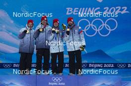 13.02.2022, Beijing, China (CHN): Alexey Chervotkin (ROC), Alexander Bolshunov (ROC), Denis Spitsov (ROC), Sergey Ustiugov (ROC), (l-r) - XXIV. Olympic Winter Games Beijing 2022, cross-country, medals, Beijing (CHN). www.nordicfocus.com. © Thibaut/NordicFocus. Every downloaded picture is fee-liable.
