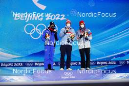 09.02.2022, Beijing, China (CHN): Federico Pellegrino (ITA), Johannes Hoesflot Klaebo (NOR), Alexander Terentev (ROC) - XXIV. Olympic Winter Games Beijing 2022, cross-country, medals, Beijing (CHN). www.nordicfocus.com. © Modica/NordicFocus. Every downloaded picture is fee-liable.