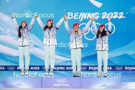 12.02.2022, Beijing, China (CHN): Yulia Stupak (ROC), Natalia Nepryaeva (ROC), Tatiana Sorina (ROC), Veronika Stepanova (ROC), (l-r)  - XXIV. Olympic Winter Games Beijing 2022, cross-country, medals, Beijing (CHN). www.nordicfocus.com. © Modica/NordicFocus. Every downloaded picture is fee-liable.