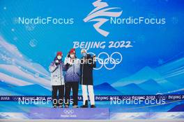 07.02.2022, Beijing, China (CHN): Denis Spitsov (ROC), Alexander Bolshunov (ROC), Iivo Niskanen (FIN), l,r - XXIV. Olympic Winter Games Beijing 2022, cross-country, medals, Beijing (CHN). www.nordicfocus.com. © Modica/NordicFocus. Every downloaded picture is fee-liable.